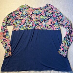 Lilly Pulitzer Women’s Blouse Size Large Floral & Navy Blue Colorblock Top